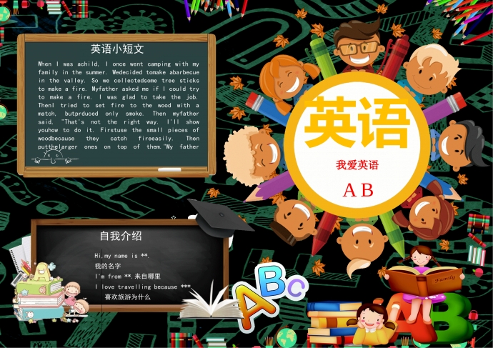 可愛卡通小朋友們聚在一起學(xué)英語(yǔ)手抄報(bào)wps