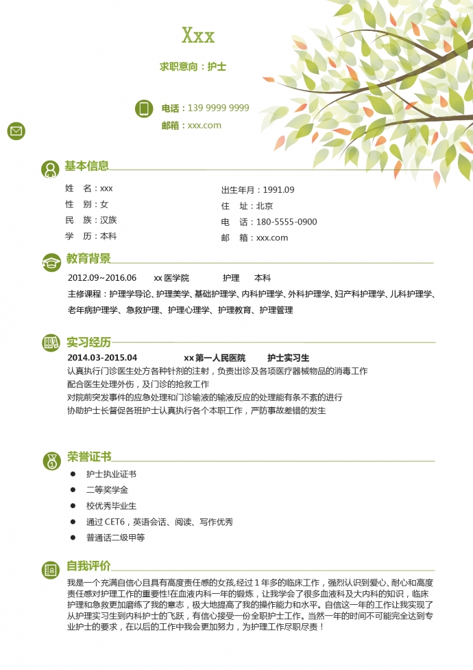 森林綠樹葉封面護(hù)士護(hù)理簡(jiǎn)歷模板-1