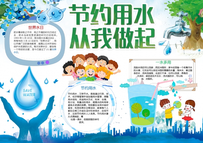 小清新藍(lán)色節(jié)約用水從我做起手抄報(bào)