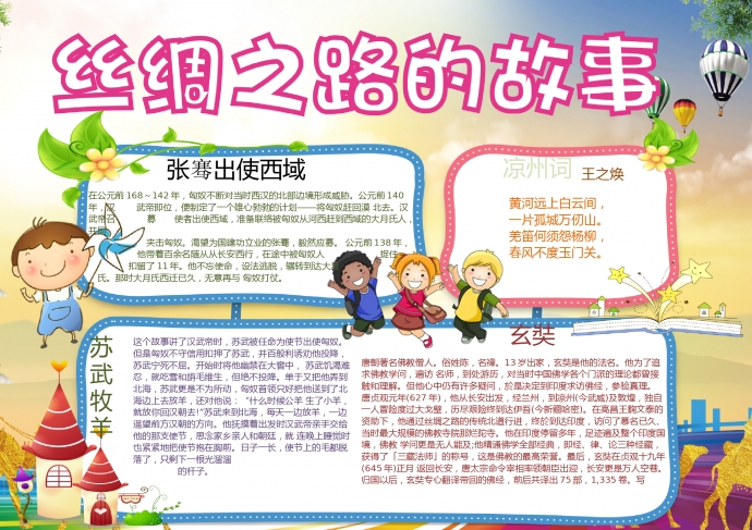 簡約卡通絲綢之路的故事手抄報