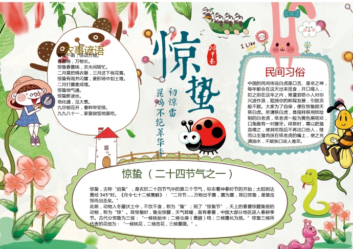 精美小清新動物驚蟄節(jié)氣手抄報wps