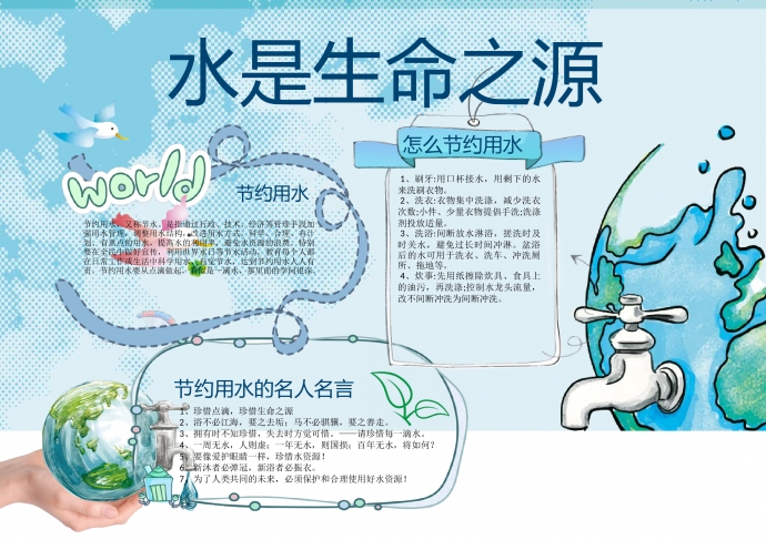 藍色卡通地球水是生命之源手抄報wps