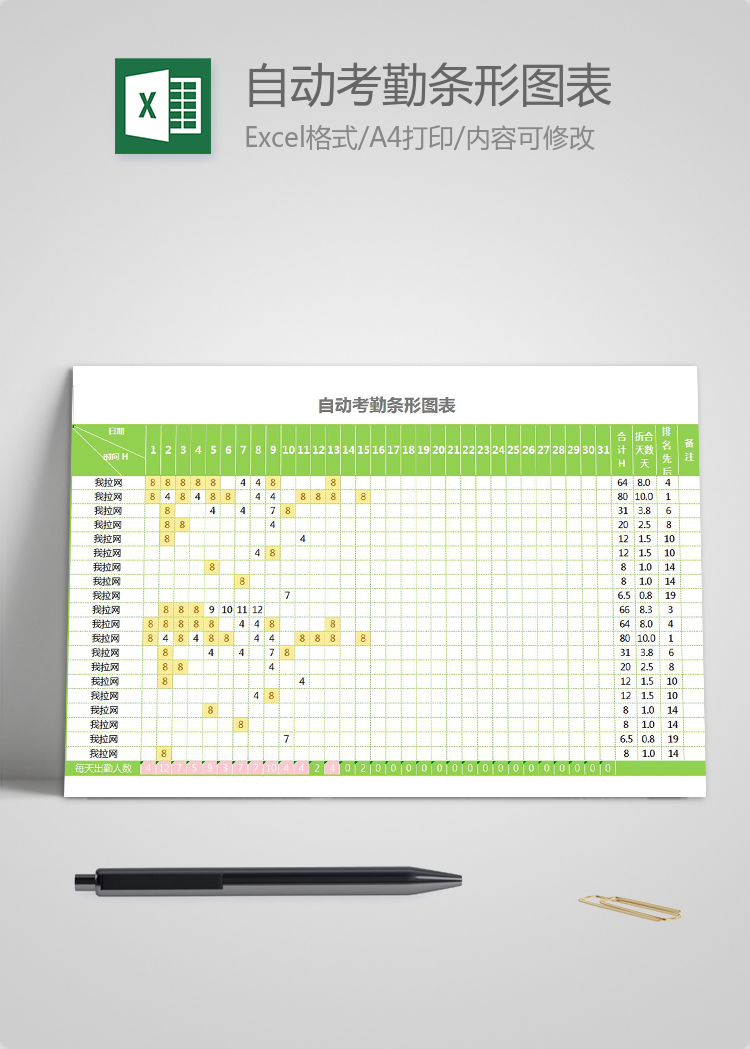 綠色自動考勤條形圖表