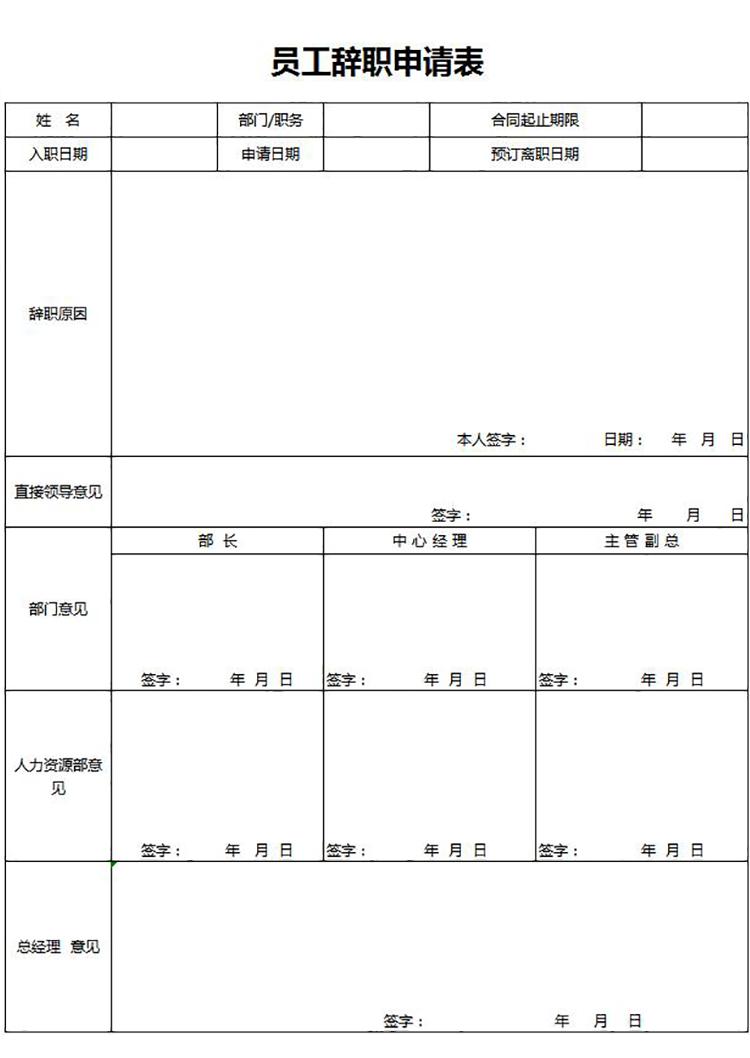 常用員工辭職申請(qǐng)表Excel模板-1