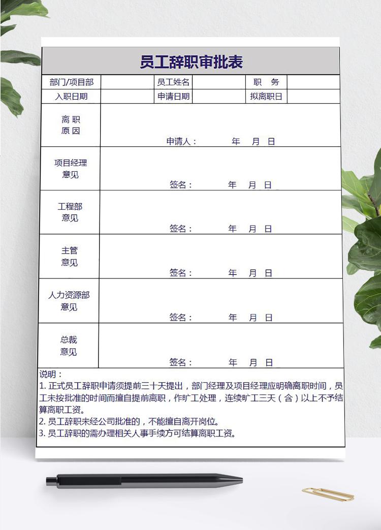 常用員工辭職審批表模板表格excel