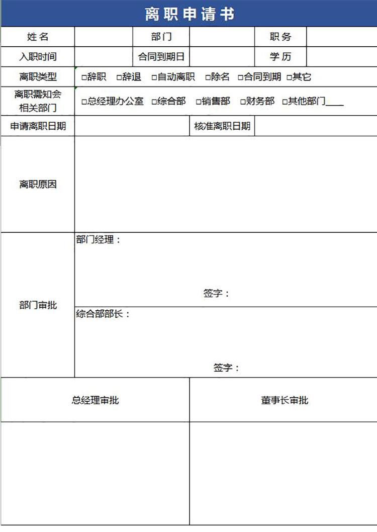 藍(lán)色常用員工離職申請表-1