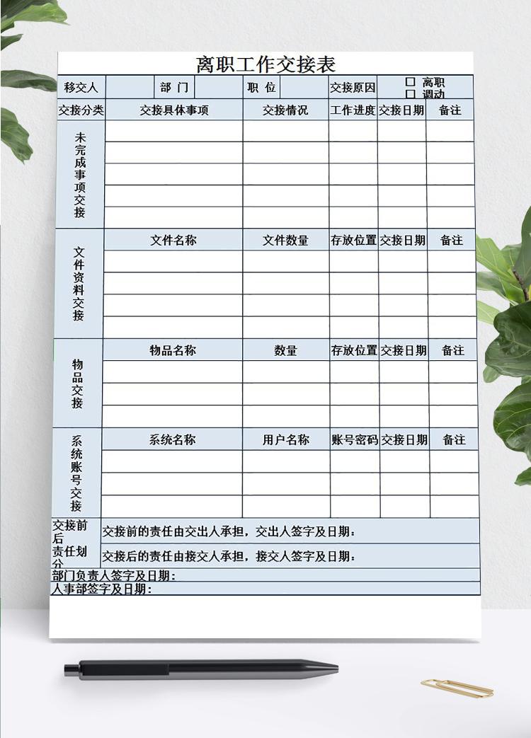 淺藍(lán)色離職工作交接表
