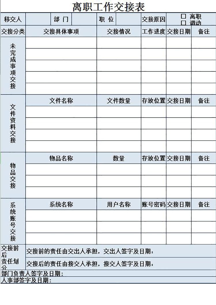 淺藍(lán)色離職工作交接表-1