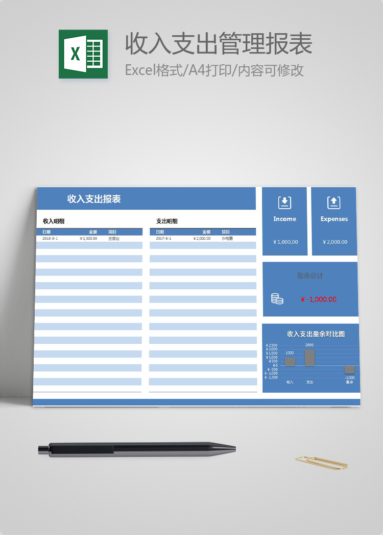 藍(lán)色風(fēng)收入支出管理報表