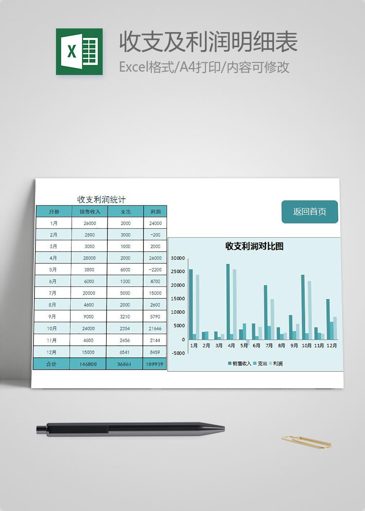 藍(lán)色收支及利潤明細(xì)表