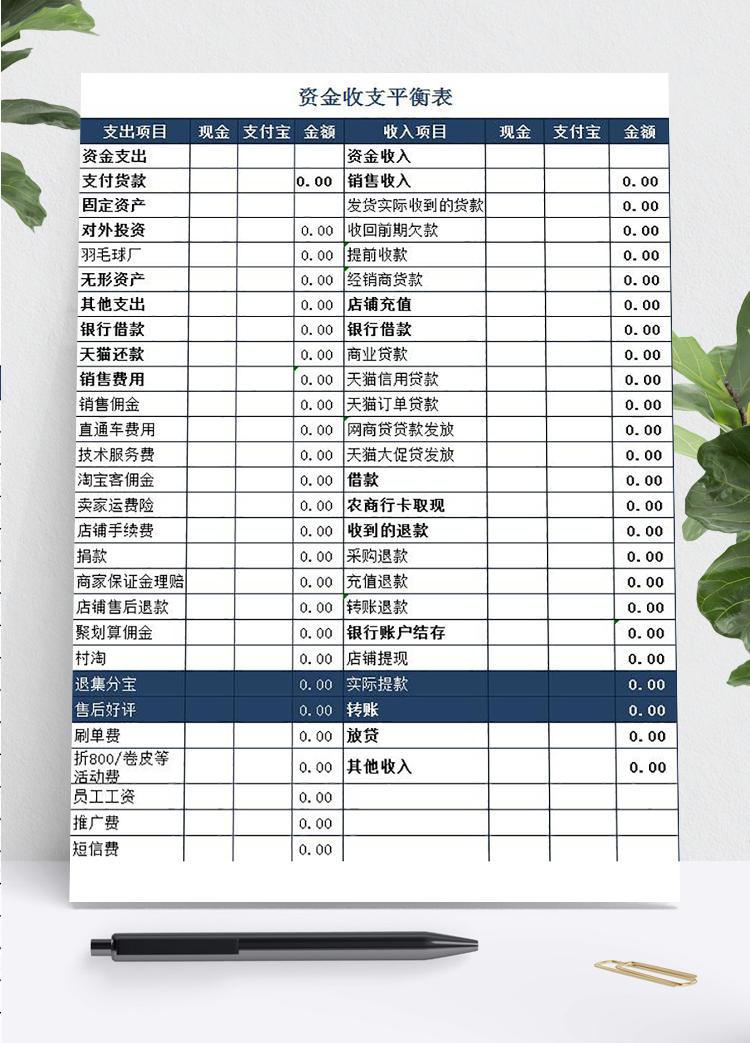墨藍(lán)色系資金收支平衡表