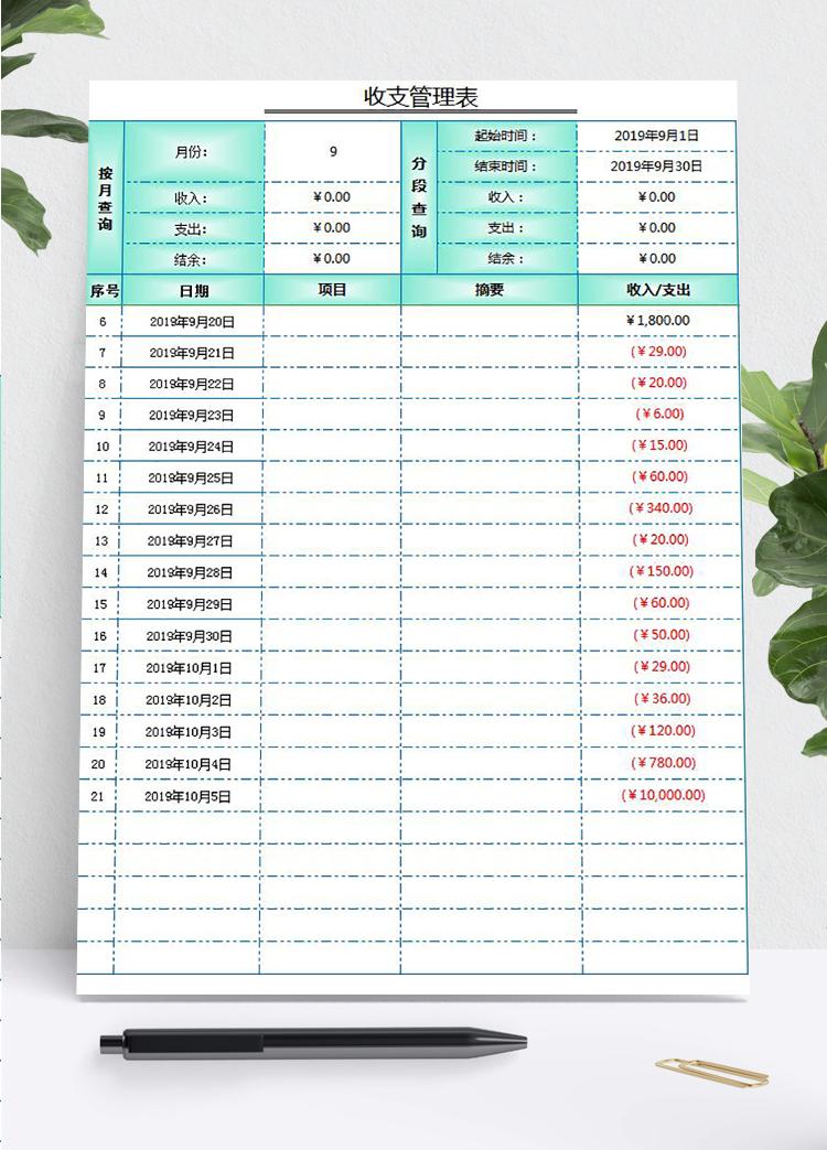 綠色收支管理明細(xì)表Excel模板
