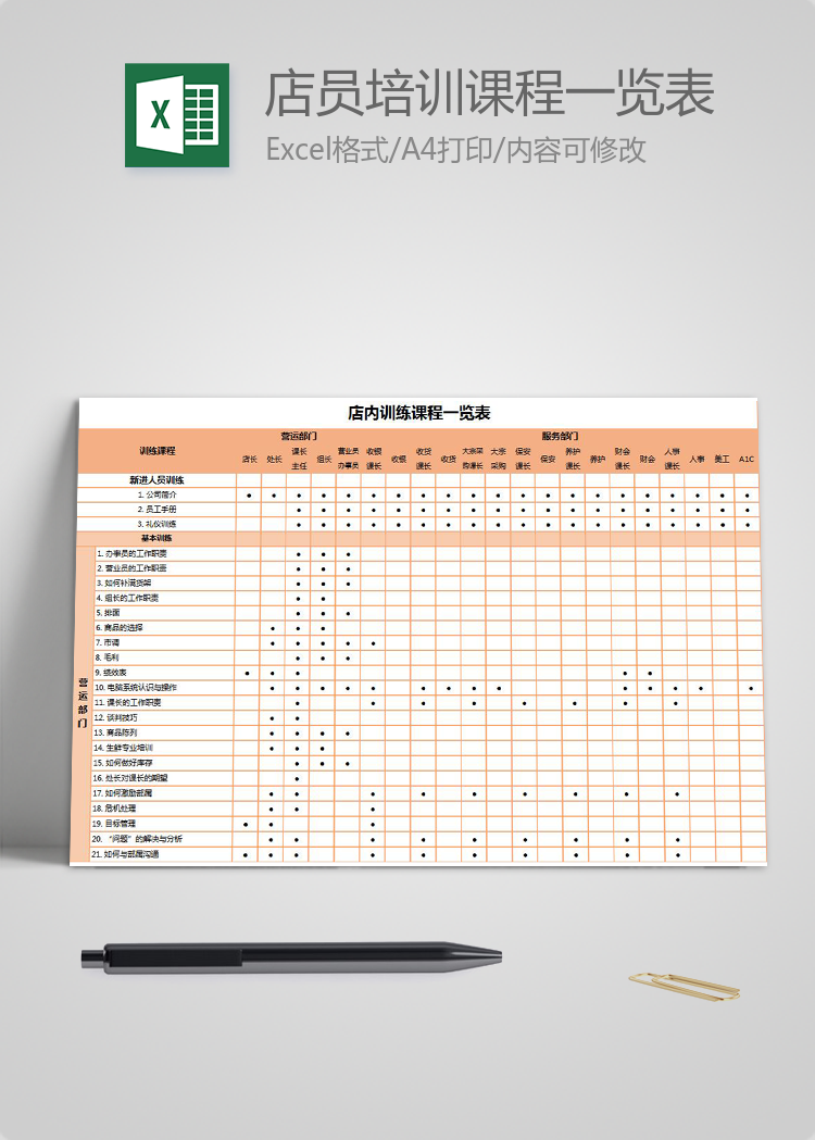藕粉色新入店員培訓課程一覽表EXCLE表格