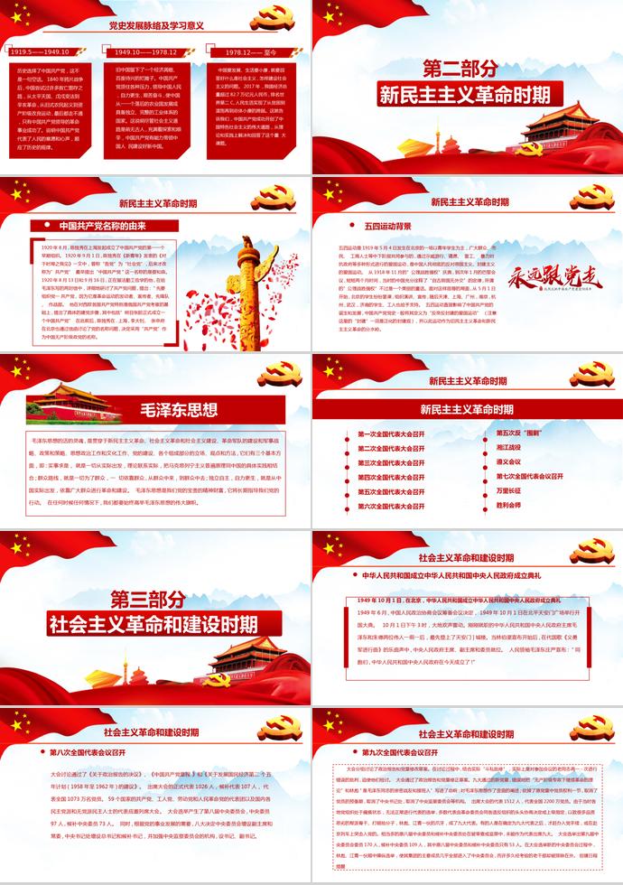 大紅黨旗飄揚建黨98周年黨政工作報告PPT模板-1