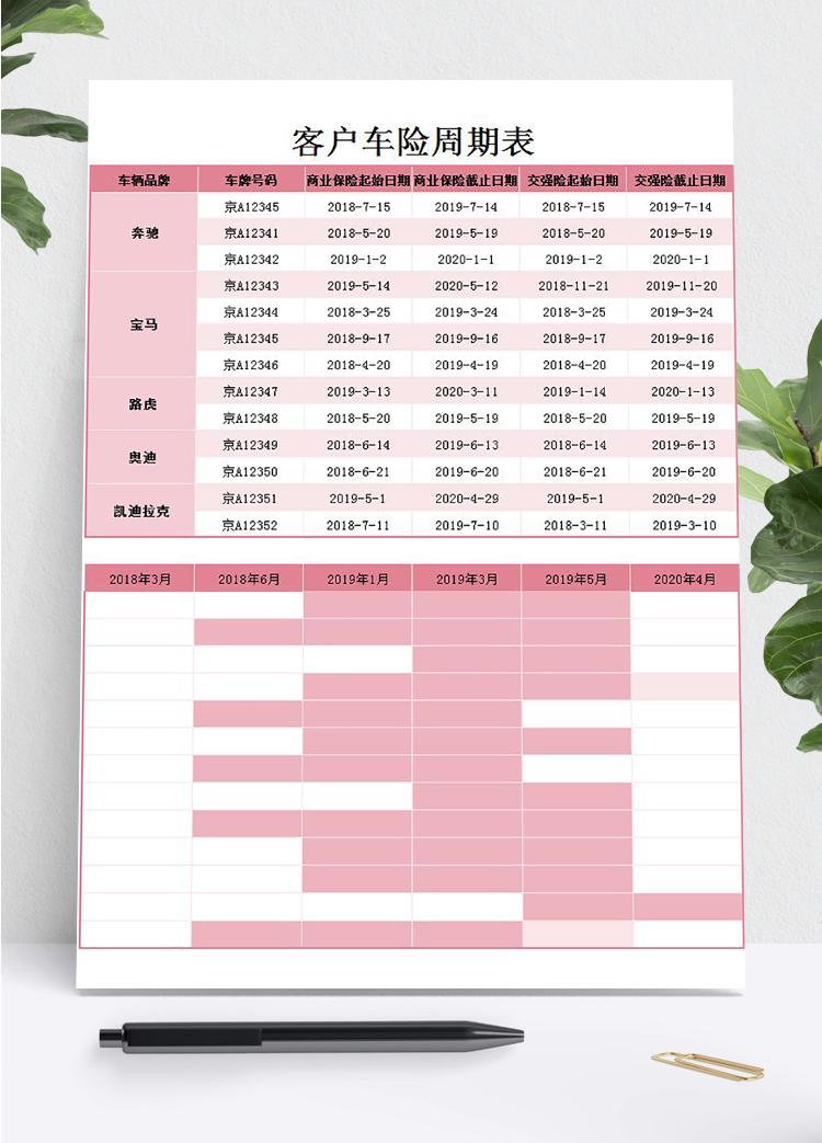 粉紅色風(fēng)客戶車險周期表甘特圖模板