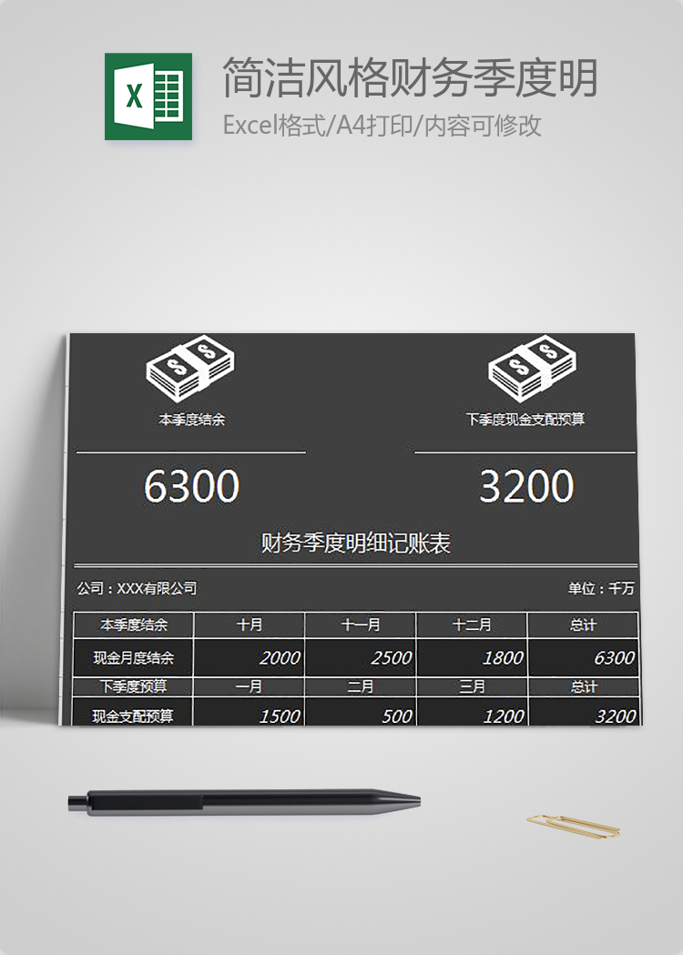 簡潔風格財務(wù)季度明細記賬表模板