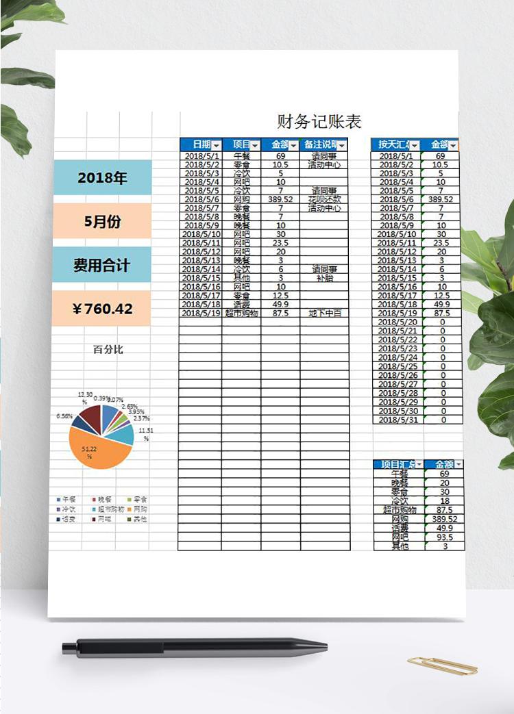 淺色系簡約風(fēng)財(cái)務(wù)記賬表