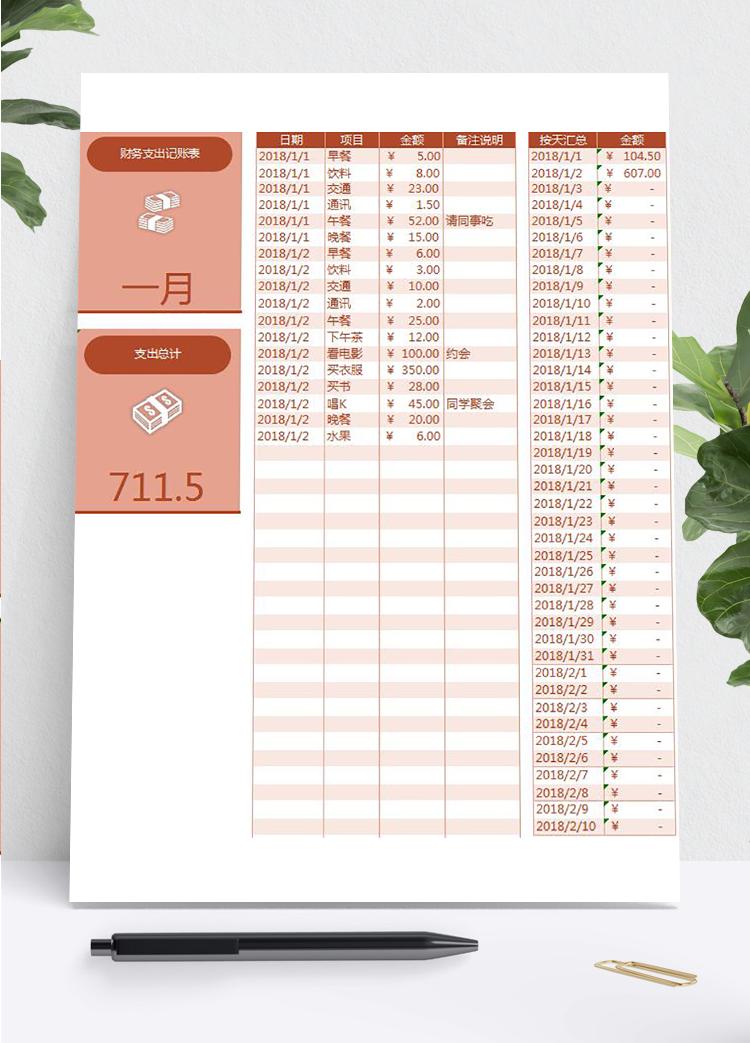 棗紅色精美風(fēng)財(cái)務(wù)支出記賬表excel模板