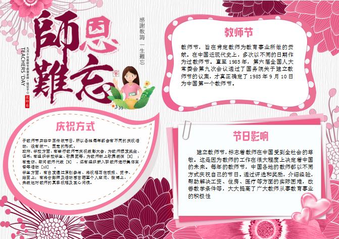 粉色花卉師恩難忘手抄報Word模板