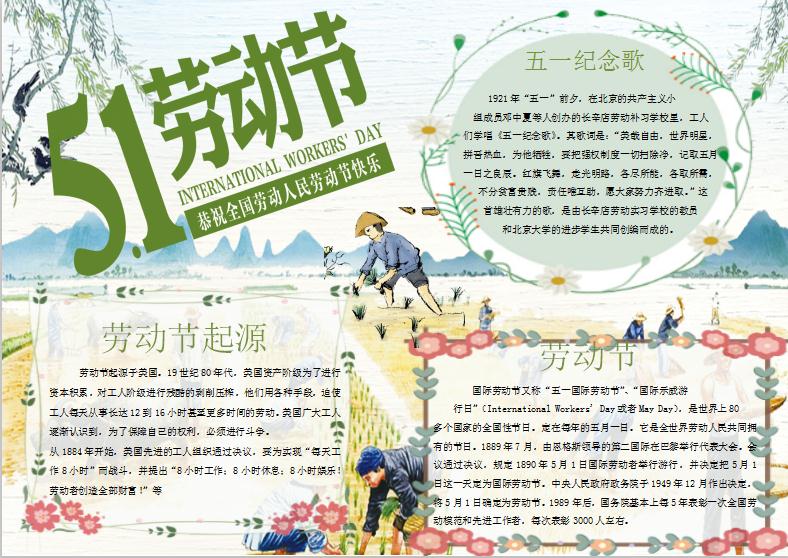 手繪唯美風格五一勞動節(jié)手抄報Word模板