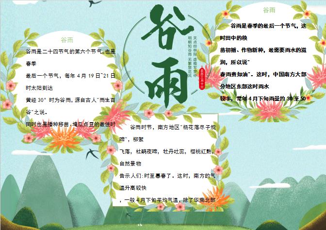 粉色花卉谷雨手抄報Word模板