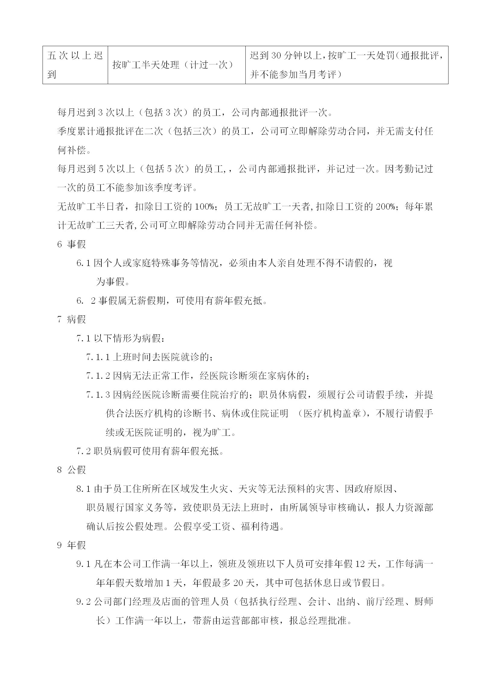 餐飲管理分公司店面考勤管理制度培訓(xùn)資料word模板-1