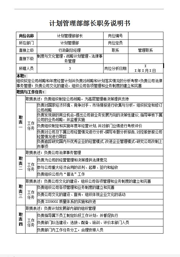 計劃管理部部長職務(wù)說明書word模板