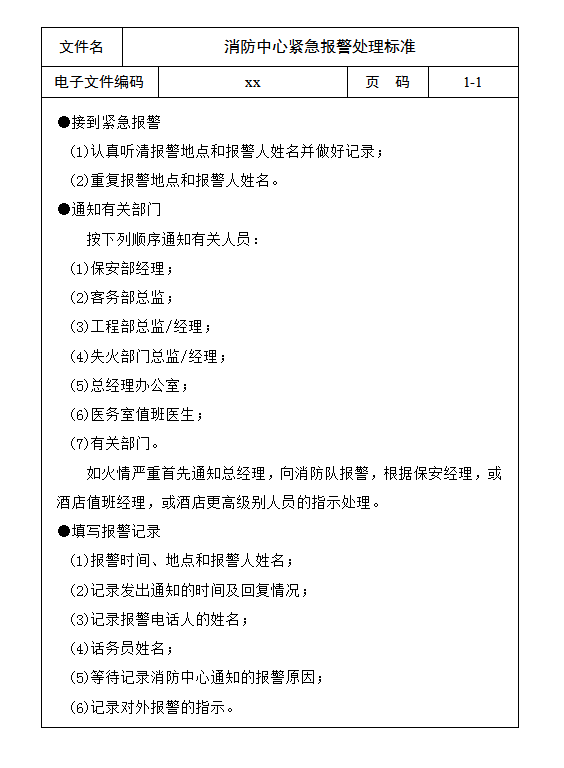 消防中心緊急報警處理標準word模板