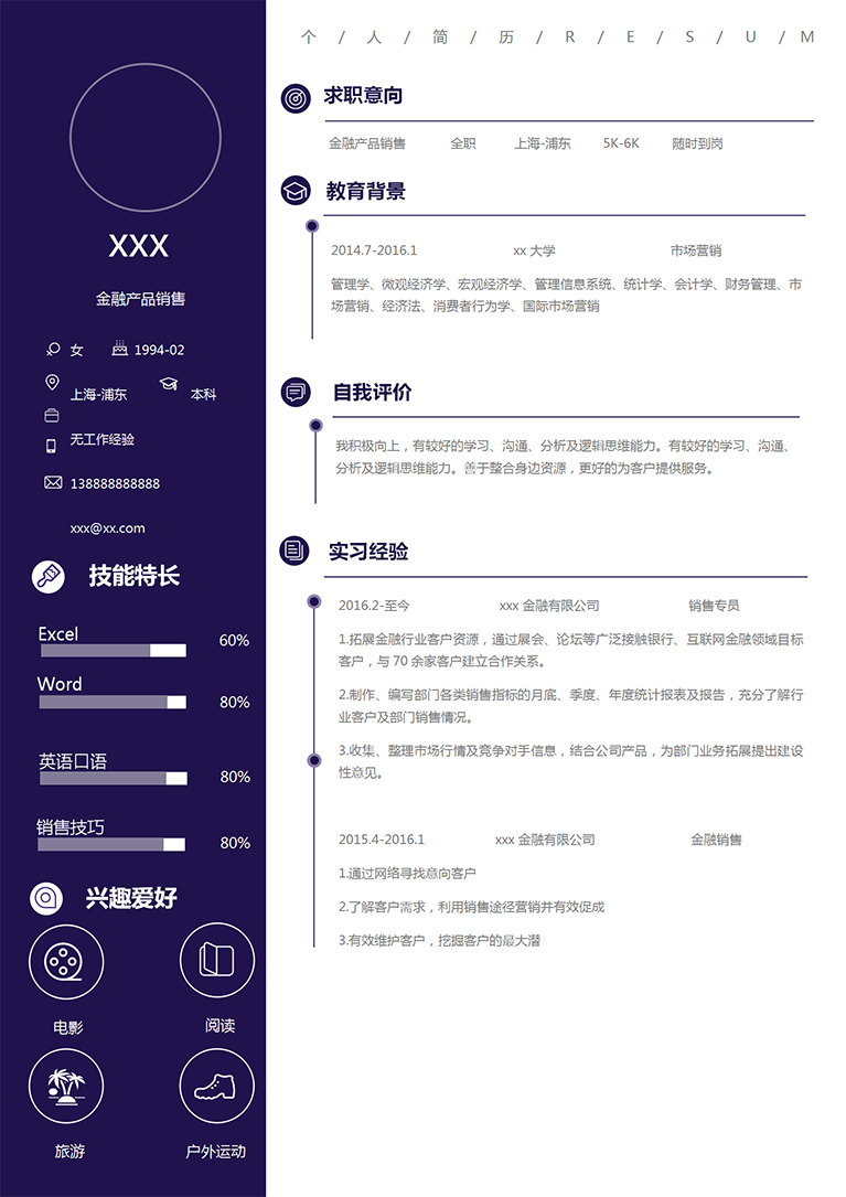 深藍(lán)色簡(jiǎn)約風(fēng)金融公司銷售簡(jiǎn)歷模板-1