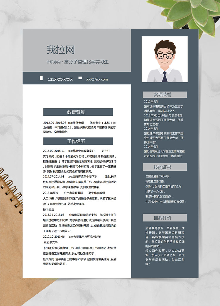 深灰色簡潔風物理化應屆畢業(yè)生簡歷模板