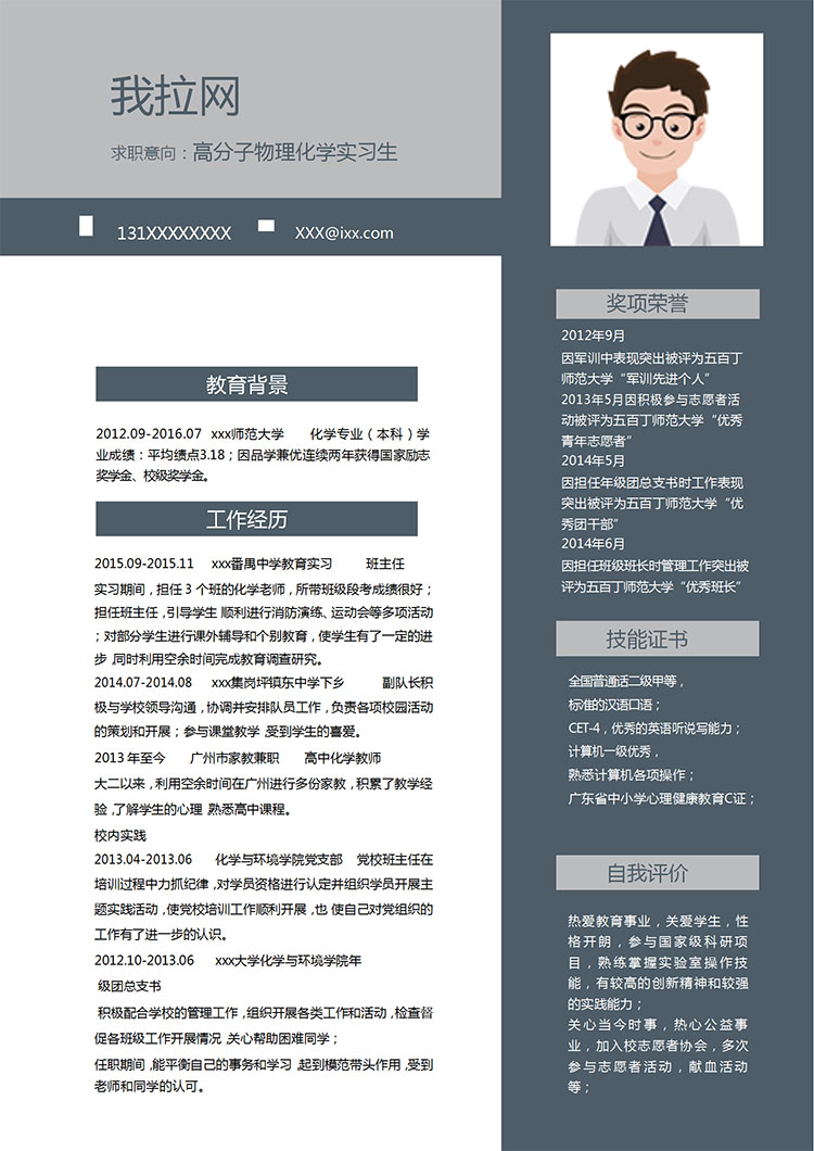 深灰色簡潔風物理化應屆畢業(yè)生簡歷模板-1