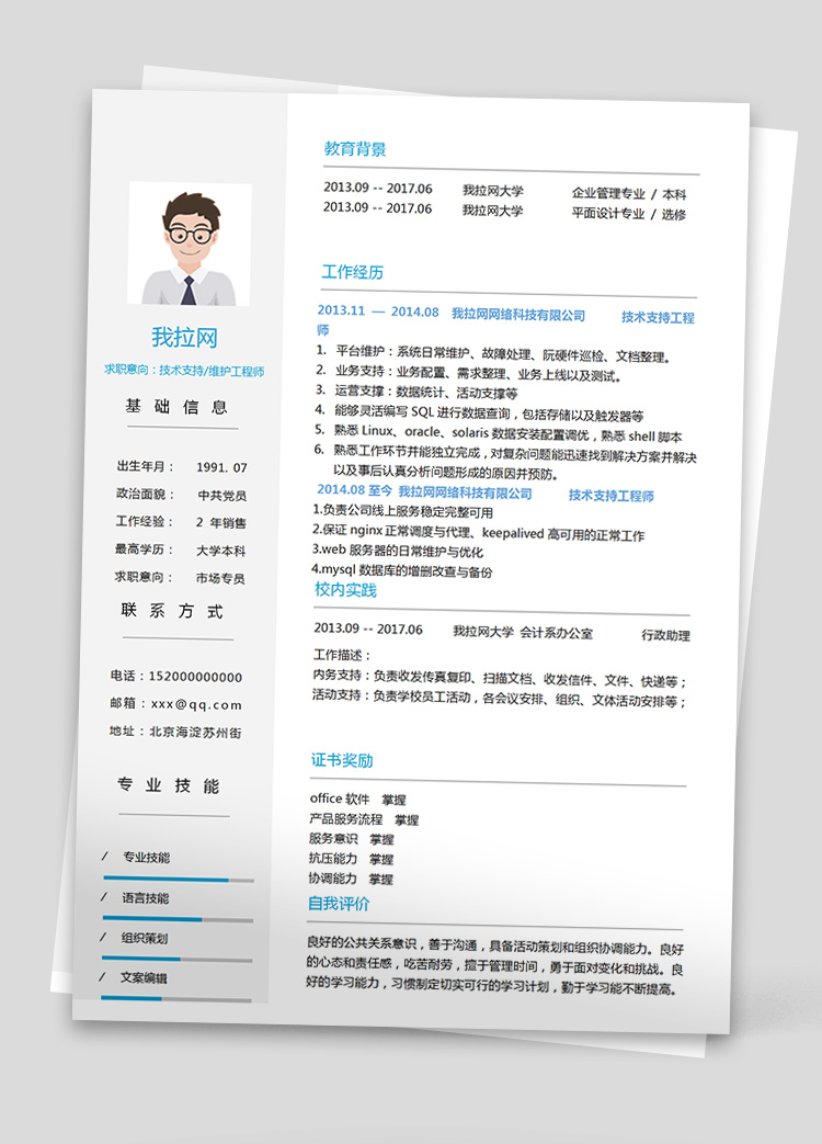 淡藍(lán)簡約SQL技術(shù)負(fù)責(zé)人簡歷模板