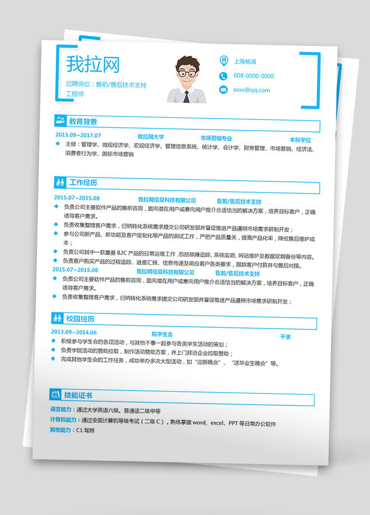 淡藍(lán)大氣產(chǎn)品技術(shù)負(fù)責(zé)人簡歷模板