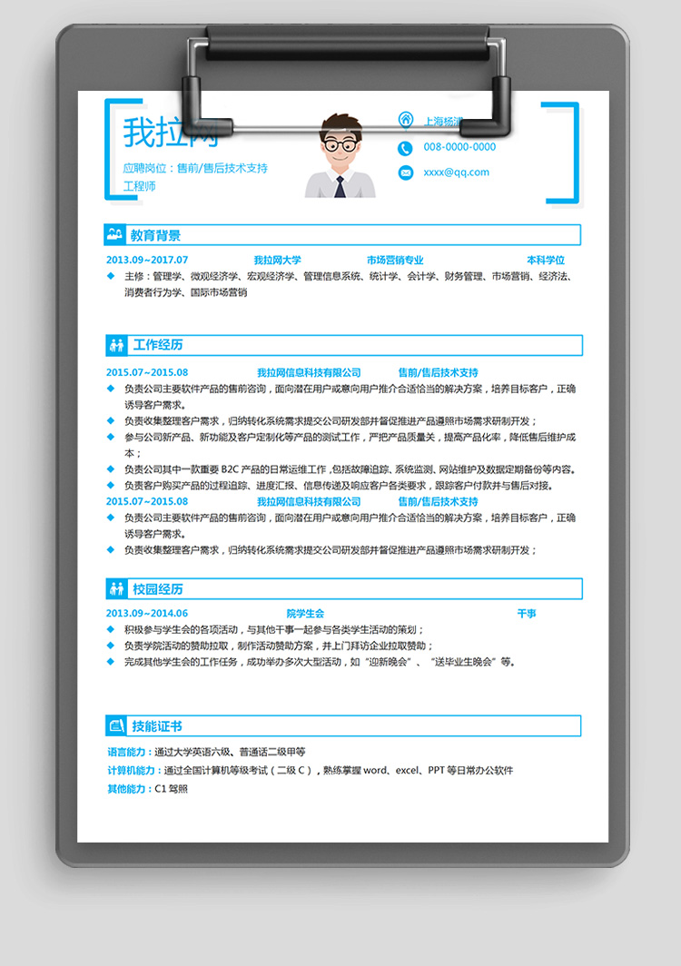 淡藍(lán)大氣產(chǎn)品技術(shù)負(fù)責(zé)人簡歷模板-1