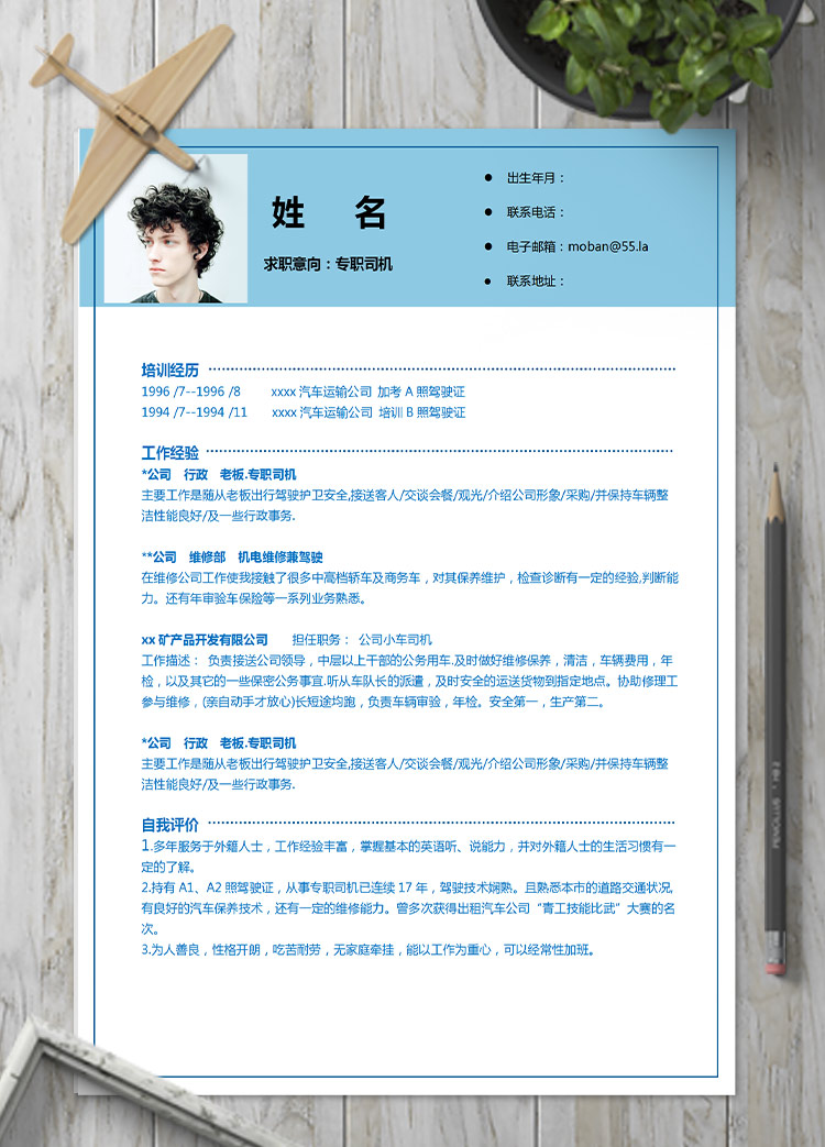 天藍(lán)色簡潔風(fēng)格司機(jī)應(yīng)屆生簡歷模板