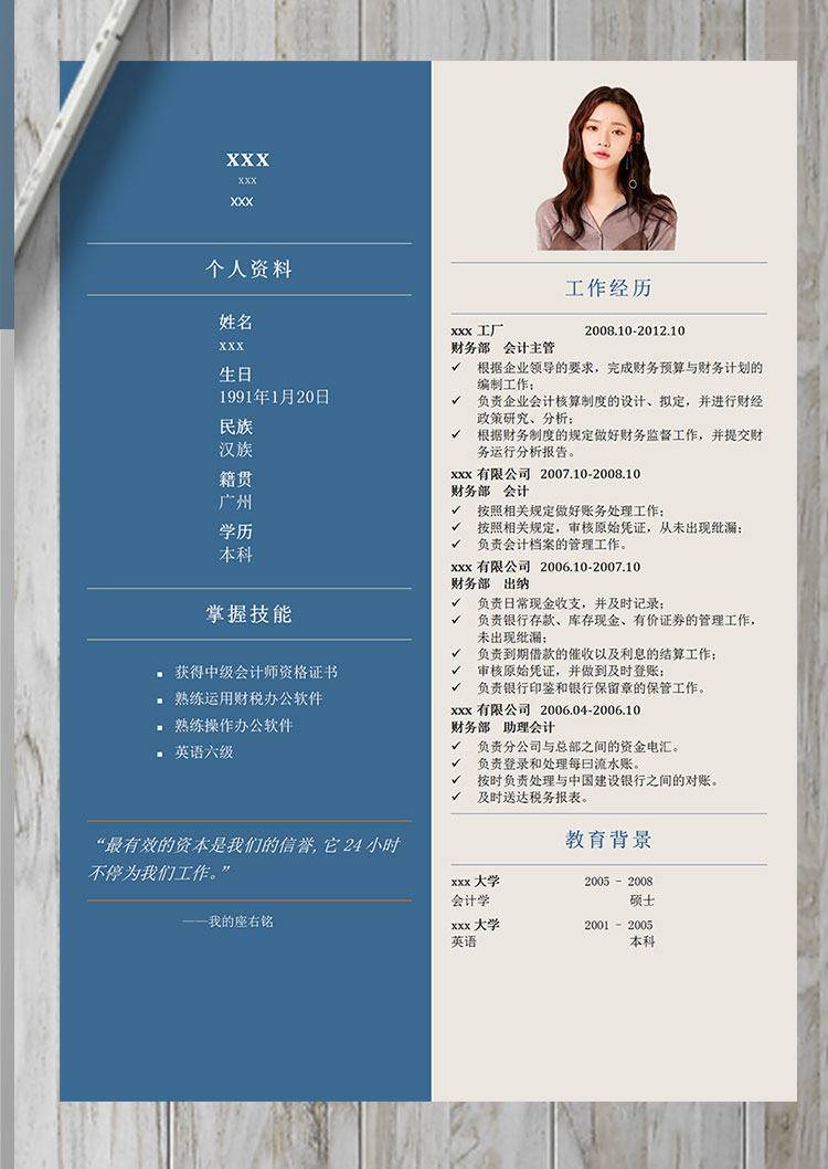 墨藍(lán)色簡約風(fēng)中級會(huì)計(jì)個(gè)人簡歷模板-1