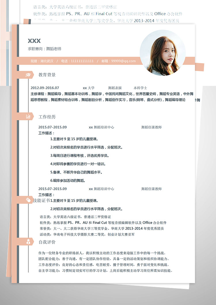 舞蹈任課教師五年工作經(jīng)驗(yàn)簡(jiǎn)歷模板-1