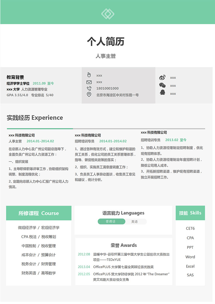 綠色系小清新人力資源主管簡歷模板-1