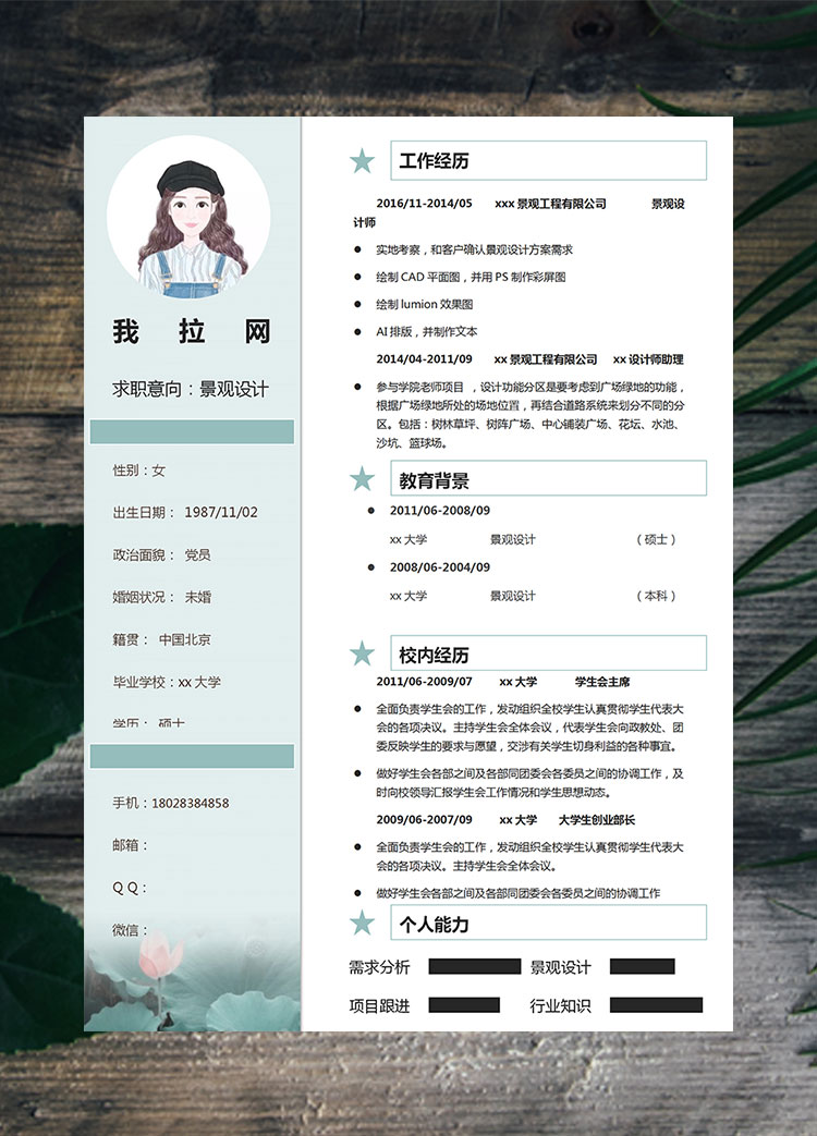 蔚藍(lán)色荷葉水墨風(fēng)景觀設(shè)計(jì)師簡(jiǎn)歷模板