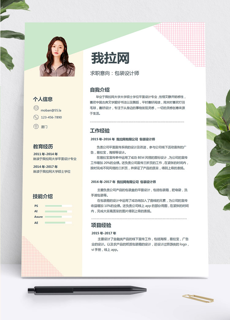 彩色系方格風(fēng)包裝設(shè)計(jì)師個(gè)人簡(jiǎn)歷模板