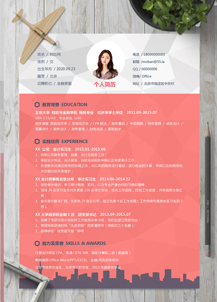 粉紅色精美風金融客服個人簡歷模板
