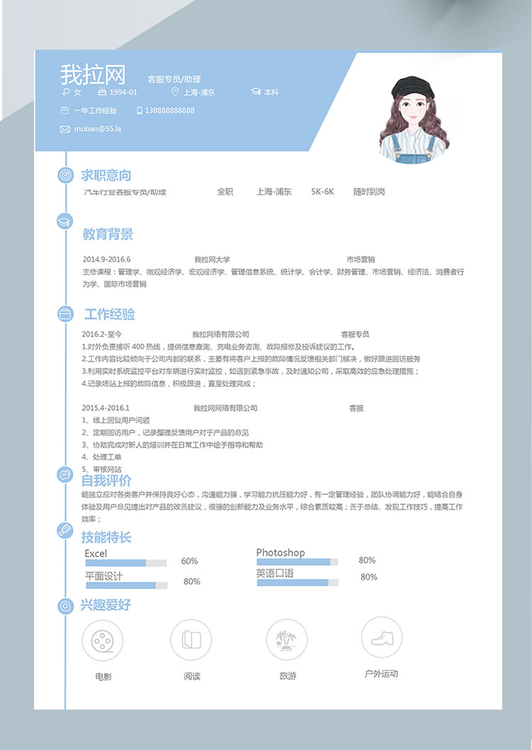 淺藍色簡約風汽車行業(yè)客服專員簡歷模板-1