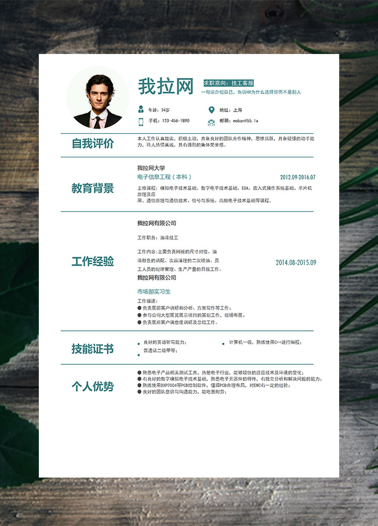 綠色青春風格技工客服簡歷模板