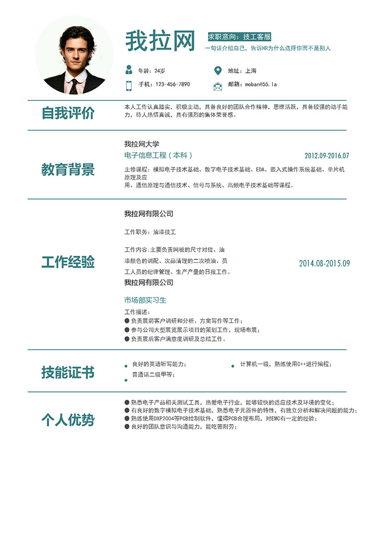 綠色青春風格技工客服簡歷模板-1
