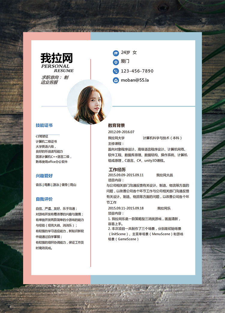 雙色拼接時(shí)尚制造業(yè)客服簡歷模板