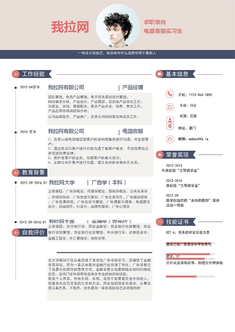 淺紫色創(chuàng)意風(fēng)電器客服簡(jiǎn)歷模板-1