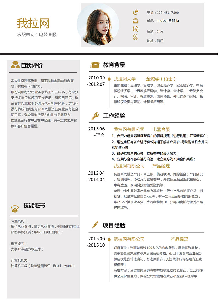 金色創(chuàng)意風電器客服簡歷模板-1