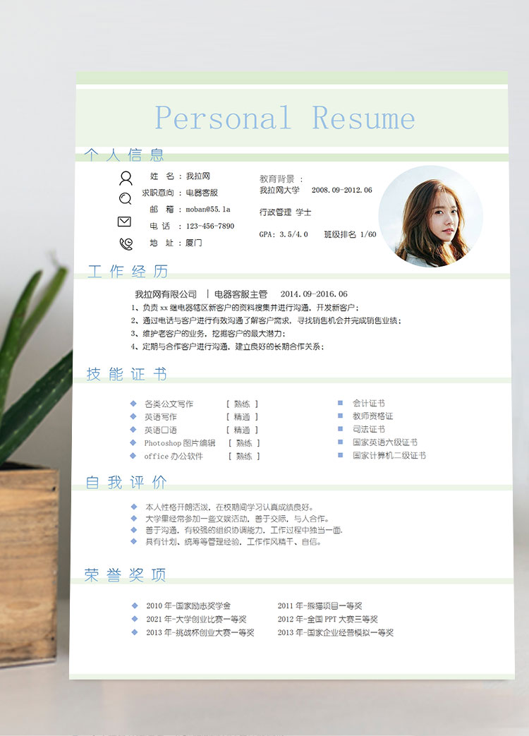 淺綠色小清新電器客服簡歷模板