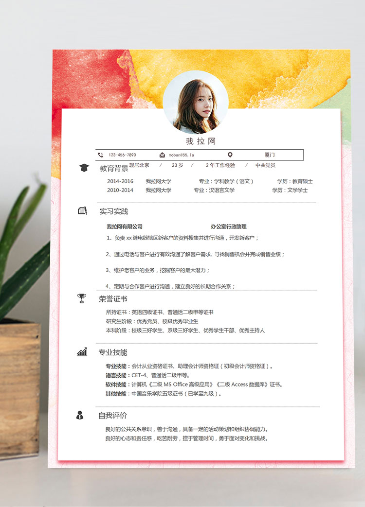 炫彩時尚風格電器客服簡歷模板