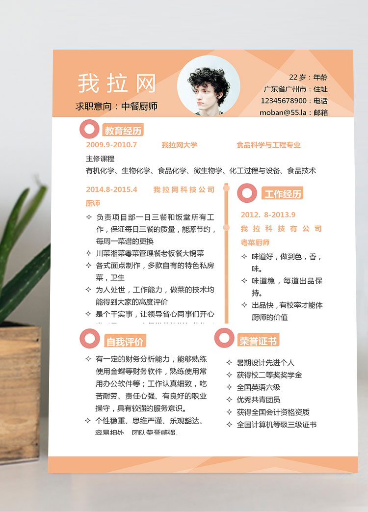 橙色系精美風中餐廚師個人簡歷模板